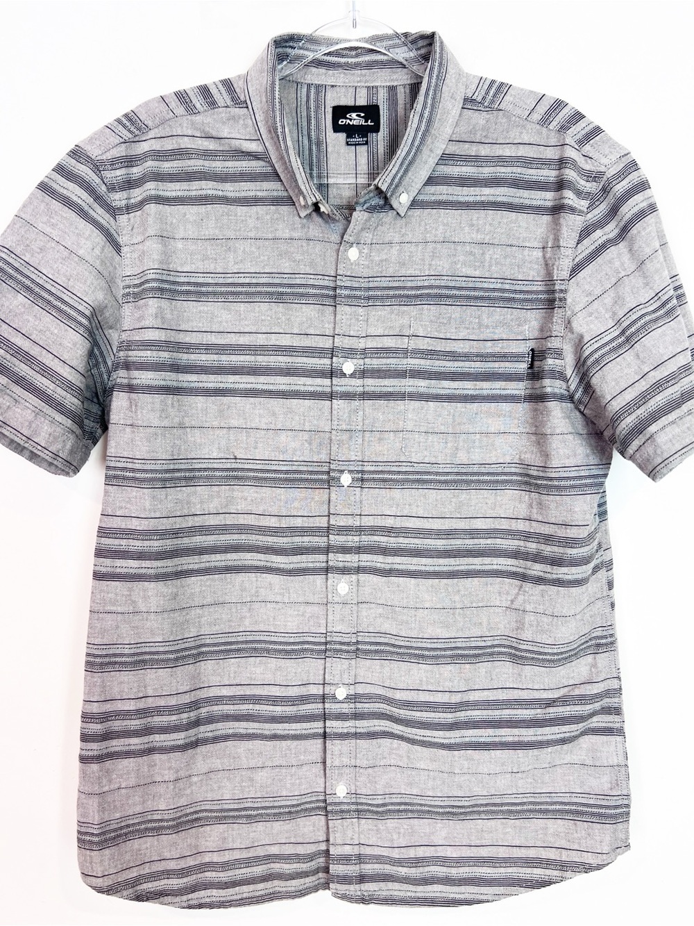 O’NEILL GRAY STRIPE SHORT SLEEVE BUTTON FRONT SHIRT MENS LARGE